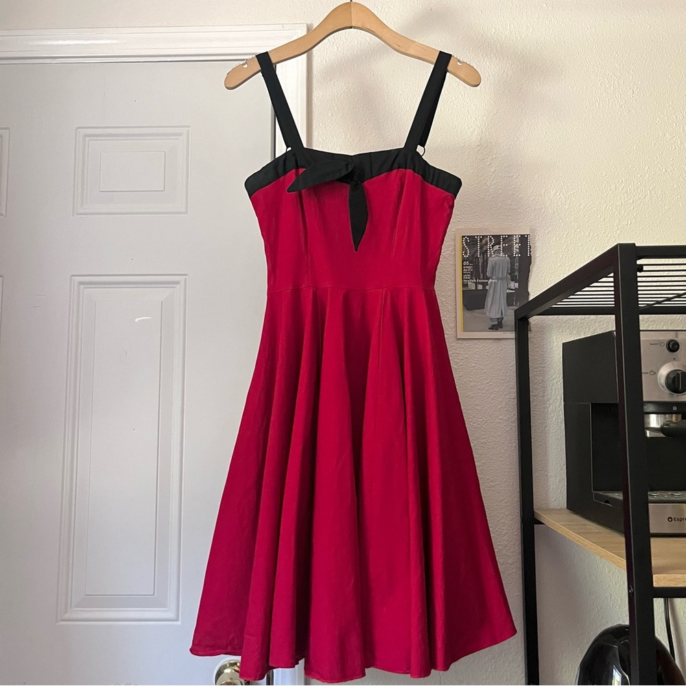 ROCK STEADY red black contrast tie bow retro rockabilly mod pinup midi dress